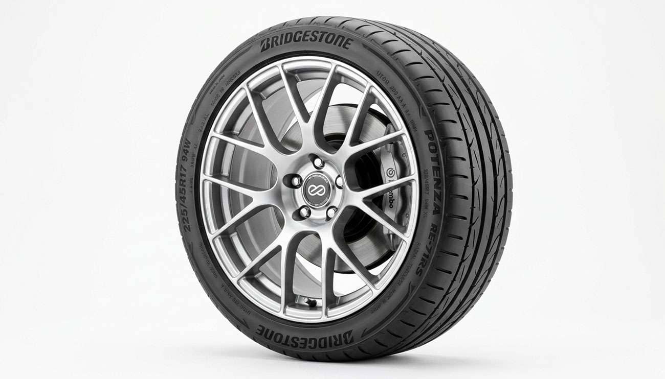 Low-profile 225/45R17 performance tire mounted on a silver alloy wheel on a clean white studio background
