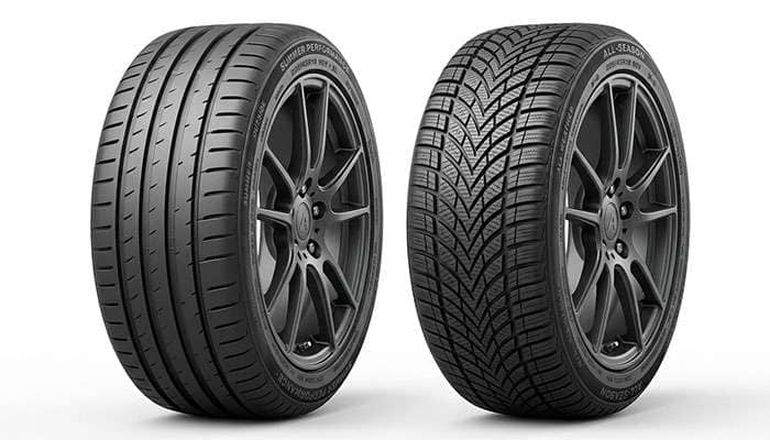 Two 225/45R18 tires standing side by side showing a summer performance tread pattern next to an all-season tread
