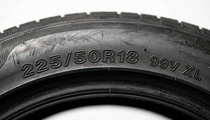 Close-up of tire sidewall showing 225/50R18 size string with load index and XL marking on a clean white seamless backdrop