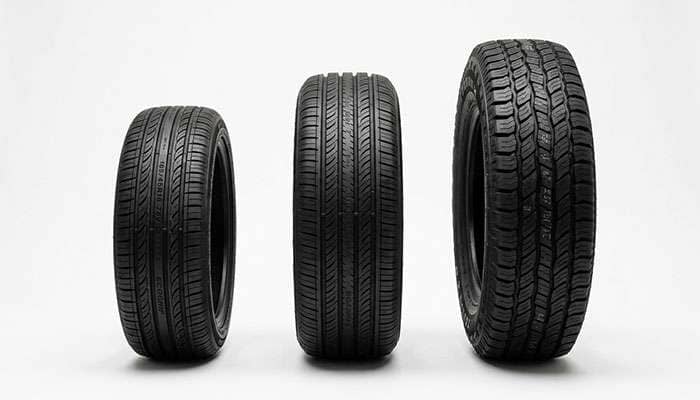 Three 17-inch tires side by side showing the sidewall height difference between 225/55R17, 225/60R17 and 225/65R17