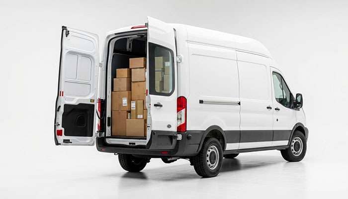 Full-size white cargo van on LT225/75R16 tires with the rear door open showing a loaded cargo bay