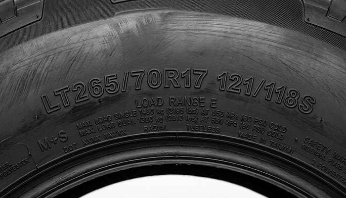 Close-up of a light truck tire sidewall showing the size code, load index and maximum inflation pressure markings