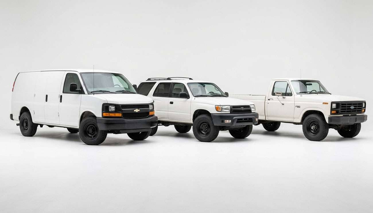 Cargo van, midsize SUV and older three-quarter-ton pickup parked together, all riding on 225/75R16 tires