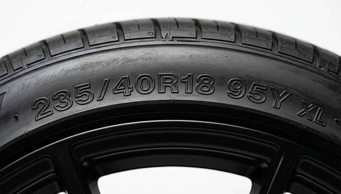 Close-up of a tire sidewall showing the 235/40R18 size marking with the 95Y load index and speed rating and the letters XL