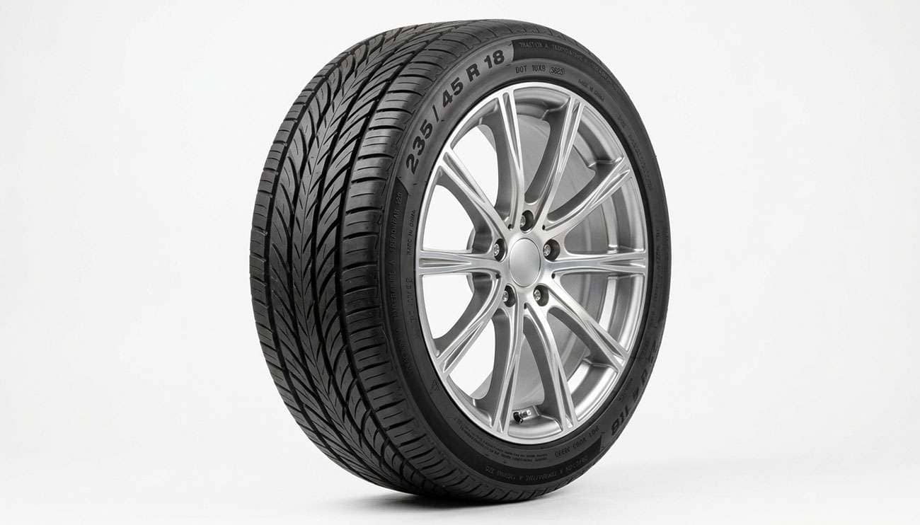 235/45R18 performance tire mounted on an 18 inch alloy wheel showing tread pattern and sidewall size marking
