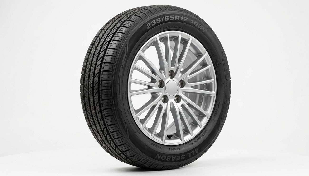 235/55R17 all-season tire mounted on a 17 inch alloy wheel showing tread pattern and sidewall load index marking