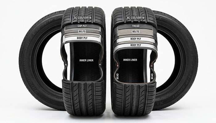 Two 235/55R19 tires cut away side by side comparing standard load and extra load casing construction
