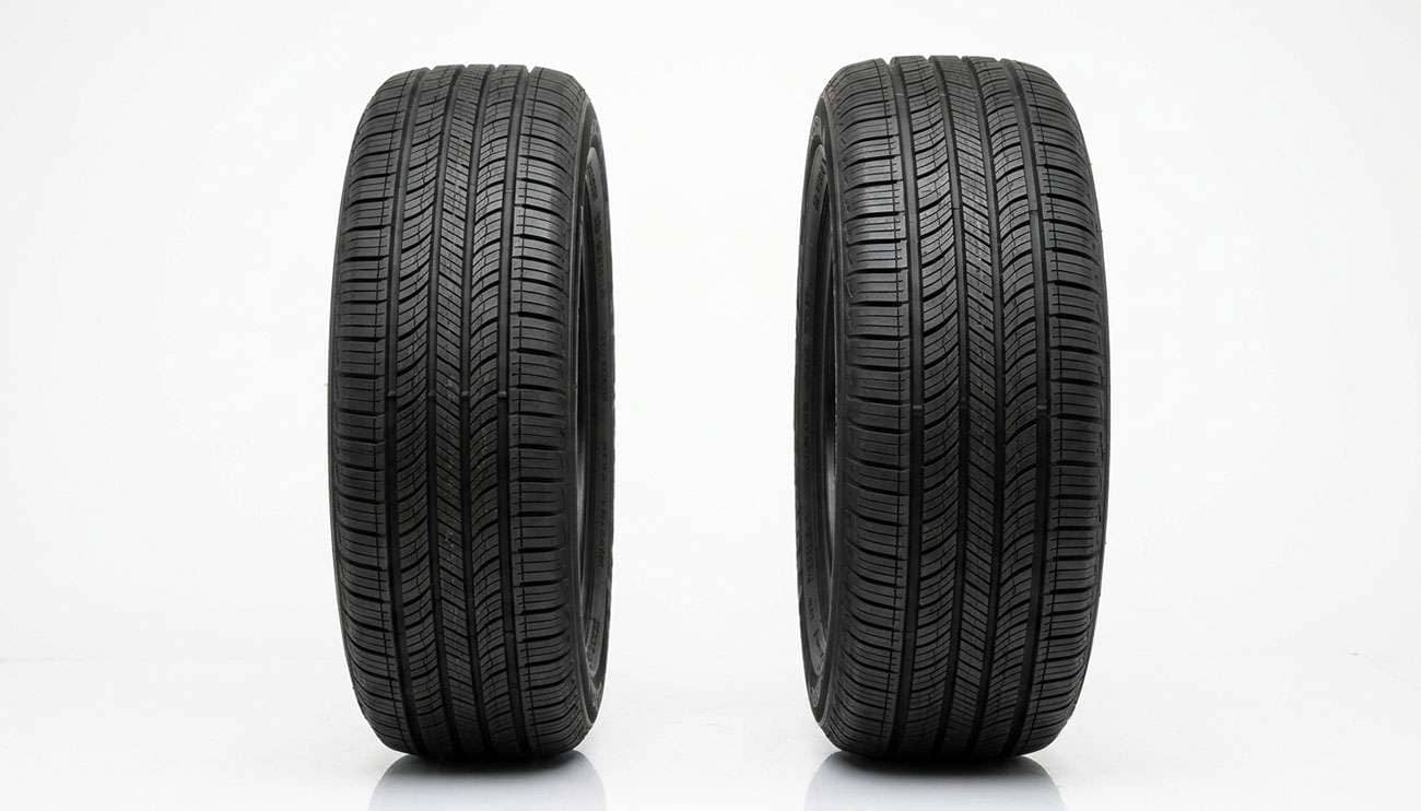 235/60R18 tire standing beside a 225/60R18 tire showing the wider tread and slightly taller sidewall of the 235