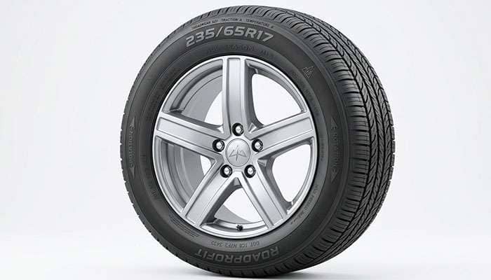 235/65R17 tire mounted on a 17x7 alloy crossover wheel showing a square sidewall profile