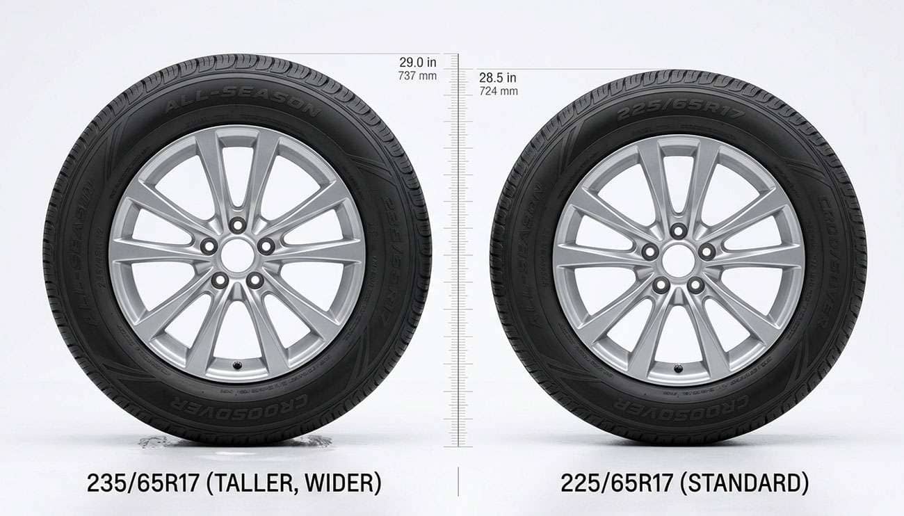 235/65R17 crossover tire next to a 225/65R17 tire showing the slightly taller sidewall and wider tread