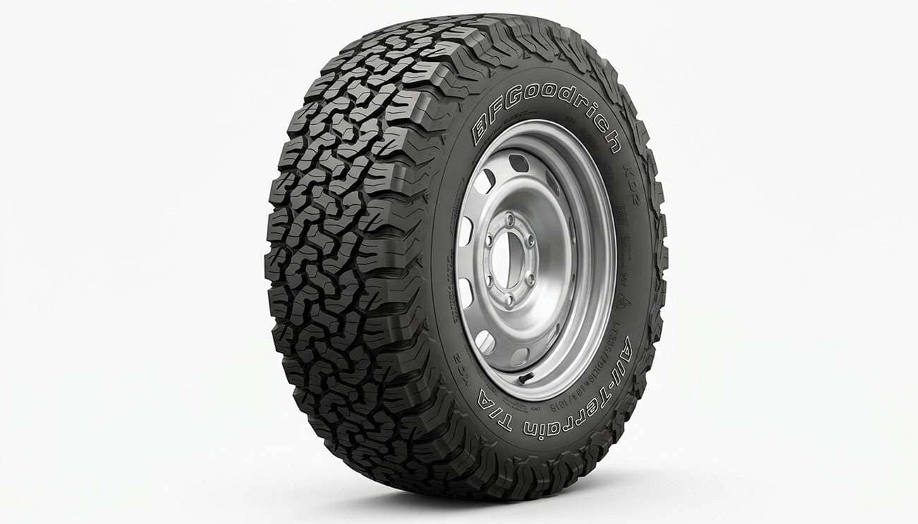 All-terrain 235/70R16 tire mounted on a sixteen inch wheel showing tread pattern and sidewall size markings