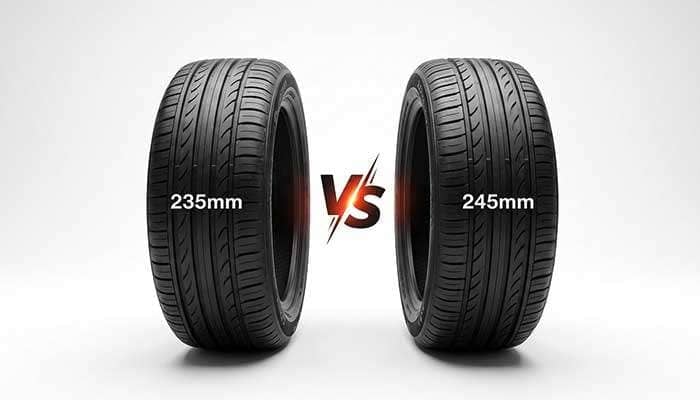 Comparison of 235 and 245 tires with a VS symbol in the center highlighting the difference