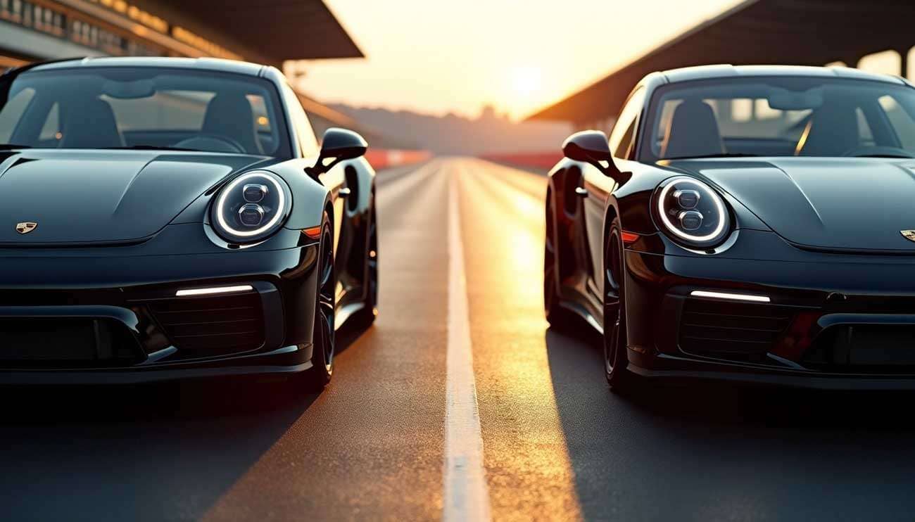 Two black sports cars side by side on a sunlit racetrack at sunset highlighting tire width comparison