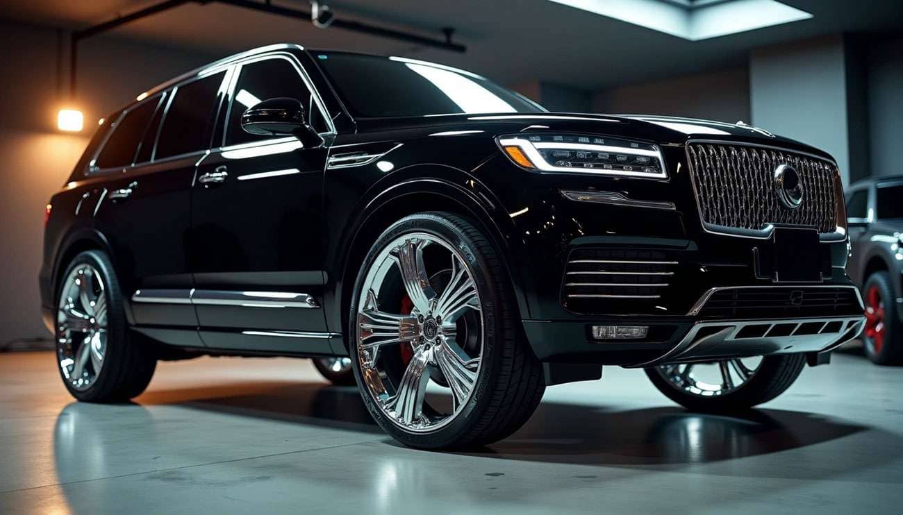 Sleek black luxury SUV with shiny 24-inch chrome wheels showcased in a modern indoor showroom setting