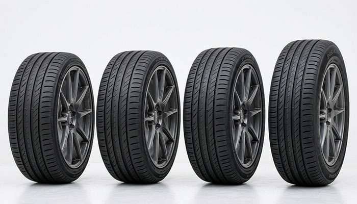 Four 245 width tires on eighteen-inch wheels in 35, 40, 45 and 50 series showing increasing sidewall height