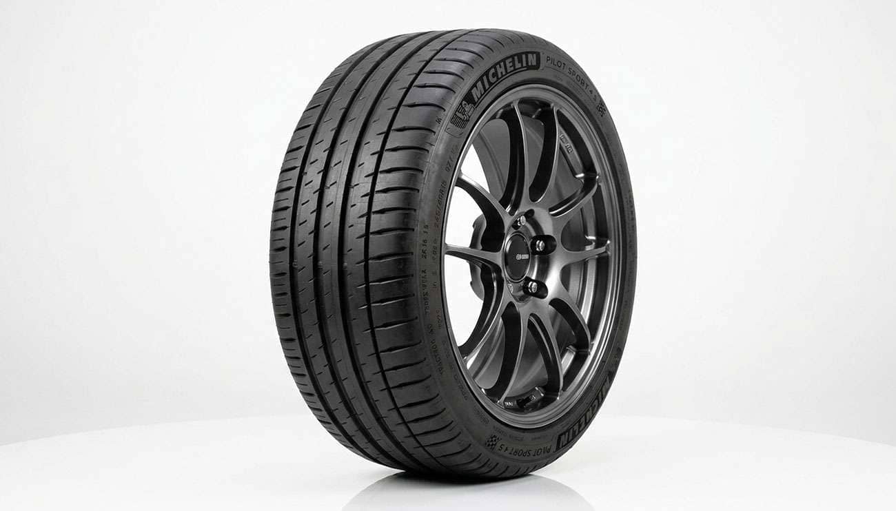 Low profile 245/40R18 tire mounted on an eighteen-inch alloy wheel showing its short sidewall