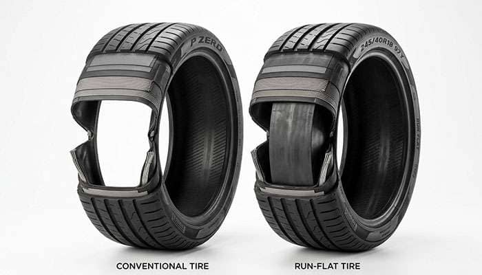 Cutaway comparison of a run-flat 245/40R18 tire and a standard 245/40R18 showing the reinforced sidewall