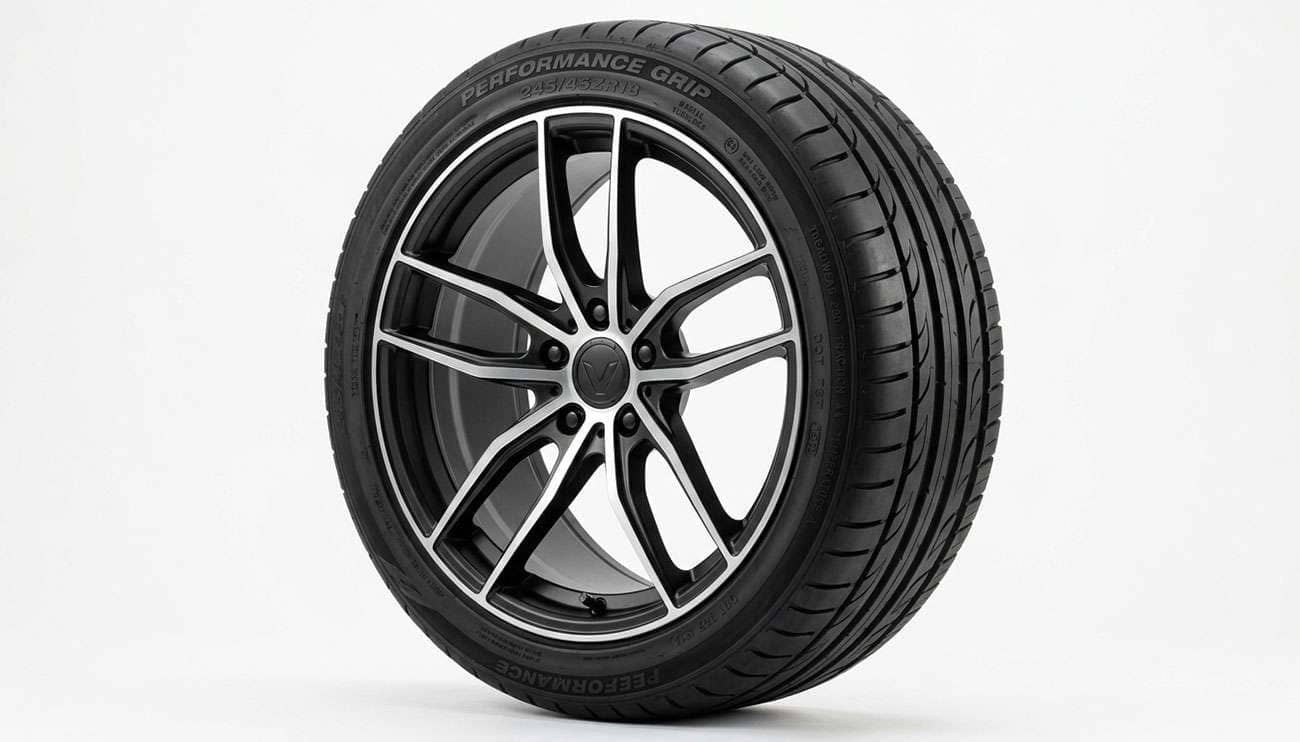 A 245/45R18 performance tire mounted on a dark alloy wheel on a clean white studio background