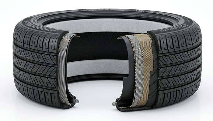 Cutaway view of an electric vehicle tire showing the internal noise absorbing foam layer