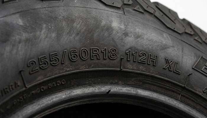 Close-up of tire sidewall markings showing tire size, load index, and XL designation on a 255/60R18 SUV tire
