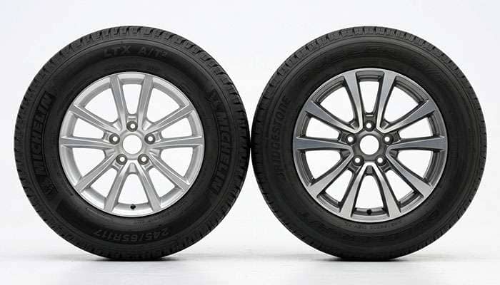 Side profile comparison of a 245/65R17 and a 255/60R18 tire showing the difference in sidewall height and section width