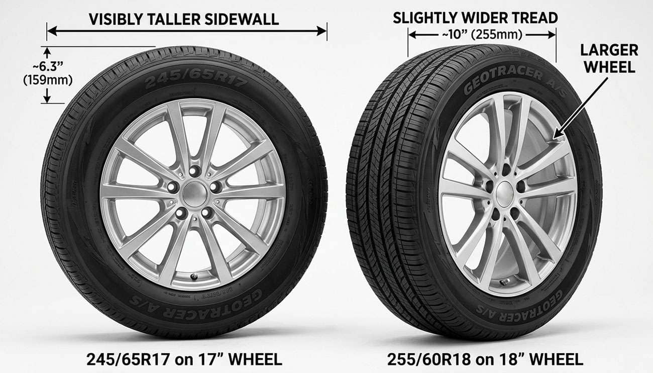 245/65R17 tire on a 17-inch wheel beside a 255/60R18 tire on an 18-inch wheel, showing the taller sidewall of the 17 and the wider tread of the 18