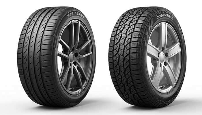 Comparison of two tires side by side labeled 245 vs 235 with different tread patterns and rims