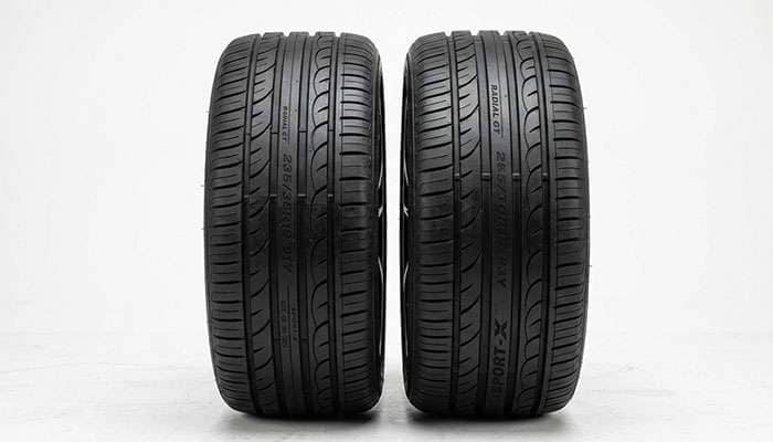Side-by-side comparison of a 245/45R20 tire and a 255/45R20 tire showing the width and diameter difference