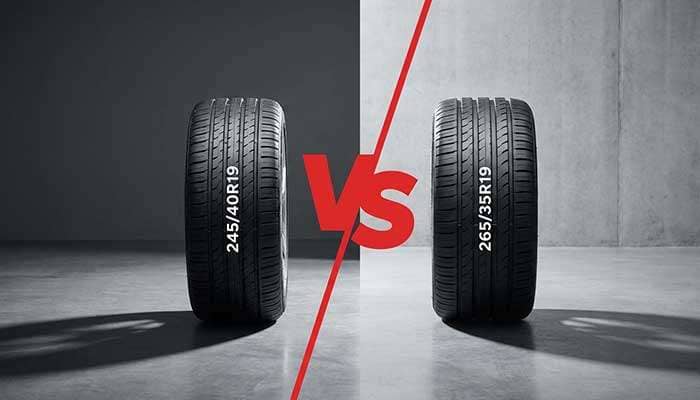 Comparison of 245 and 265 tire sizes with a red versus symbol in the center on contrasting backgrounds