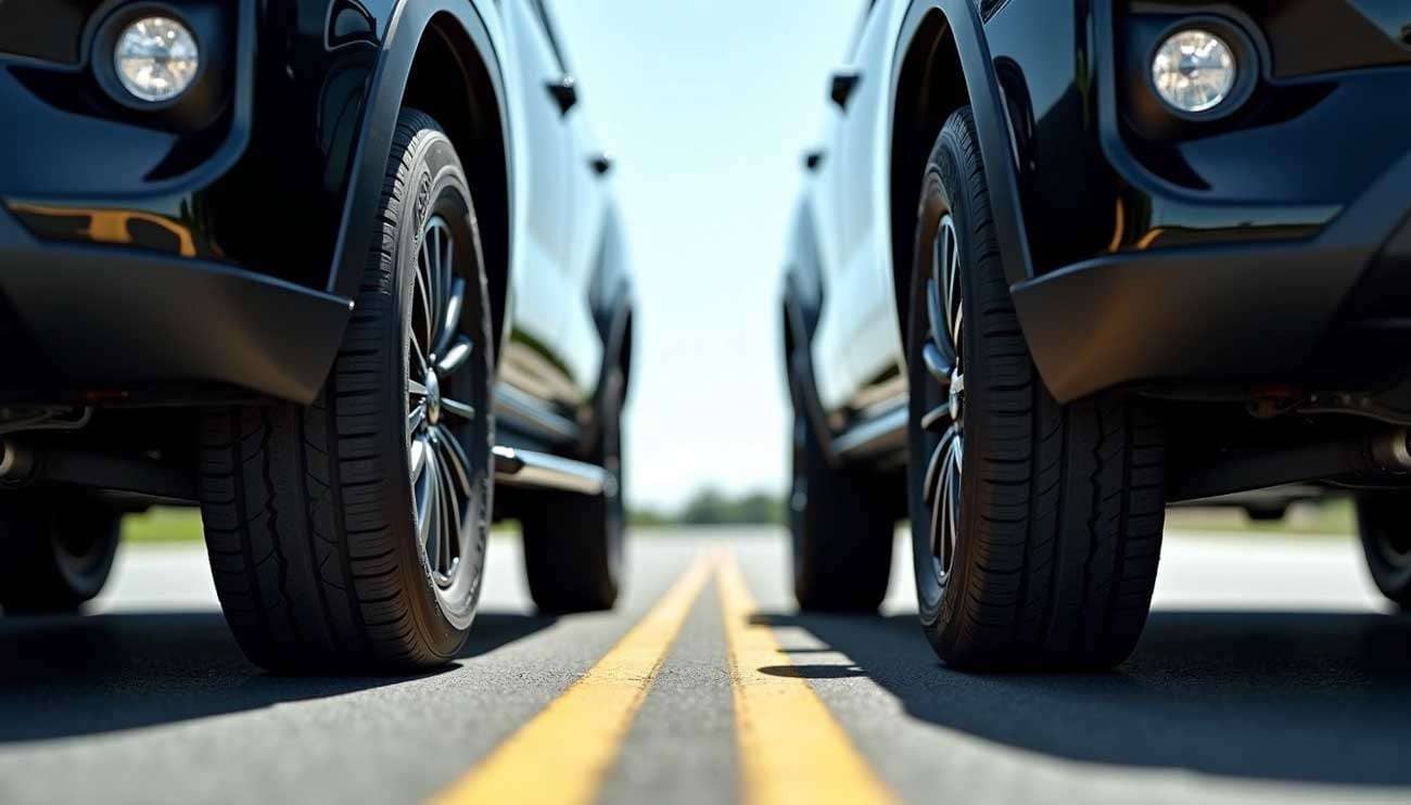Close-up of two black SUVs facing each other highlighting their tires on a road with double yellow lines