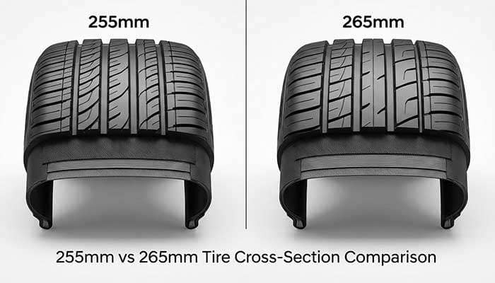 Comparison image of 255 vs 265 tire sizes with distinct tread patterns and a versus symbol in the center