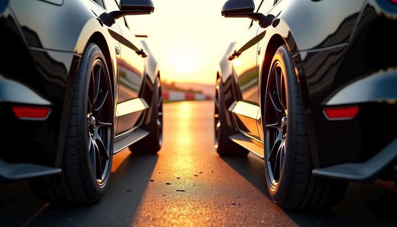 Close-up of two black cars with different tire widths parked side by side at sunset on a racetrack