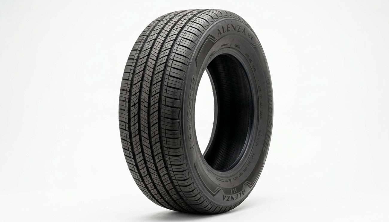 265 65R18 highway terrain truck tire standing upright on a clean white seamless backdrop