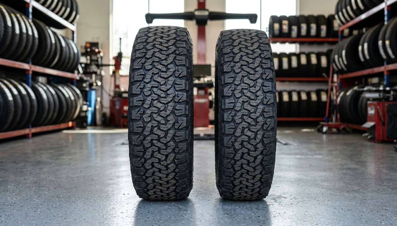 265/70R17 and 245/75R17 truck tires standing side by side in a tire shop to compare width and height
