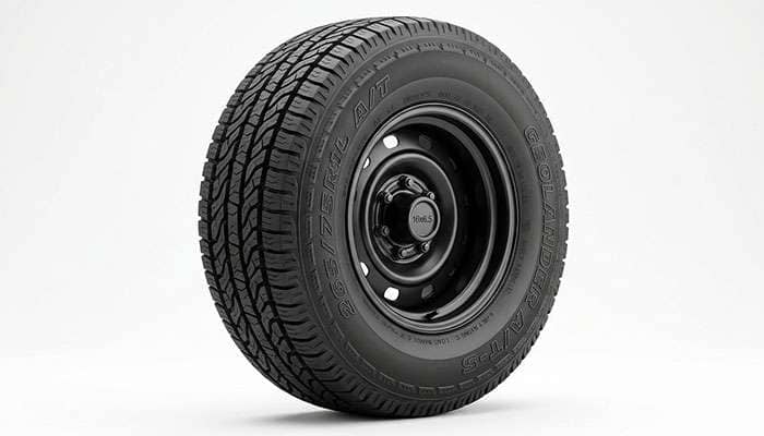 265/75R16 tire mounted on a narrow 16x6.5 steel wheel showing a pinched sidewall profile