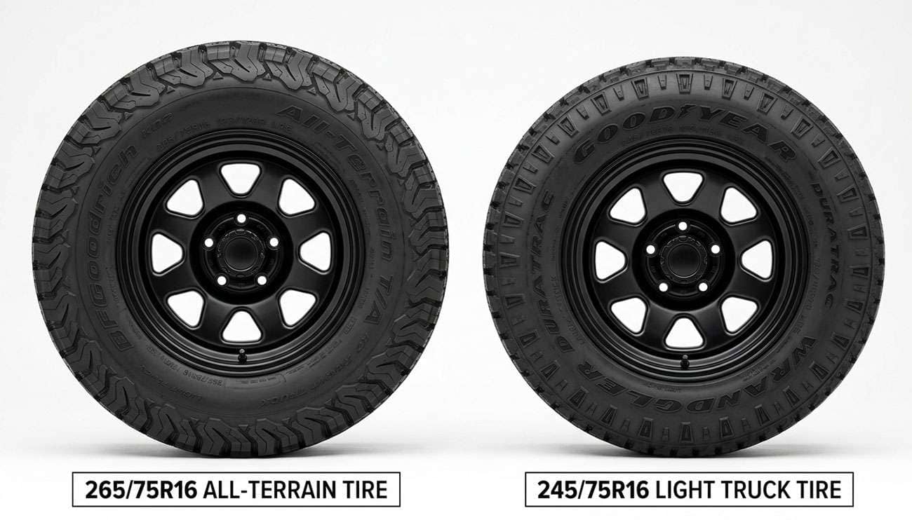 265/75R16 light truck tire next to a 245/75R16 tire showing the taller sidewall and wider tread