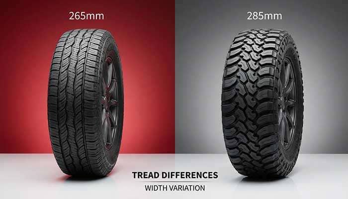 Comparison of 265 vs 285 tires with tread differences for trucks and SUVs on red and gray backgrounds