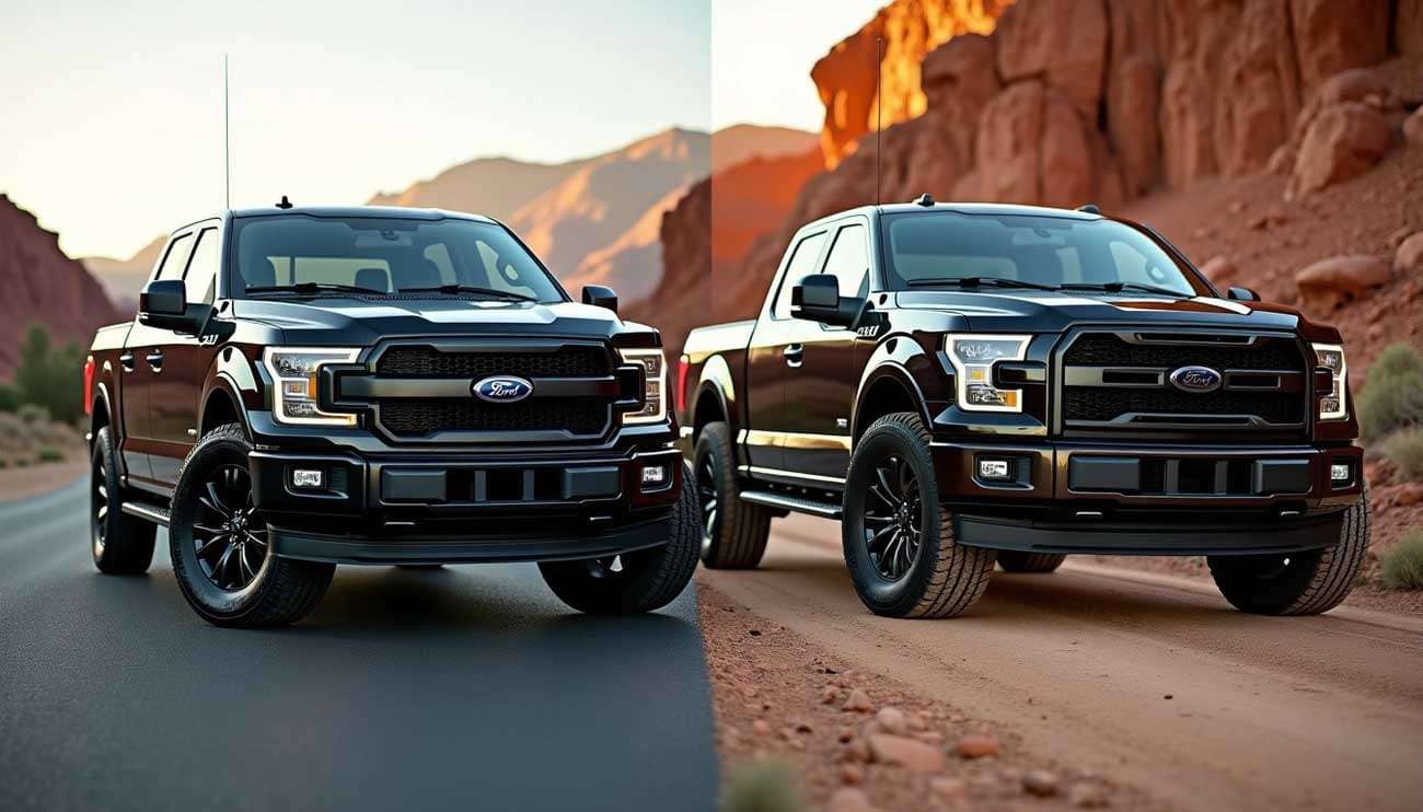 Two black Ford trucks side by side on asphalt and dirt roads highlighting different tire sizes in a desert setting