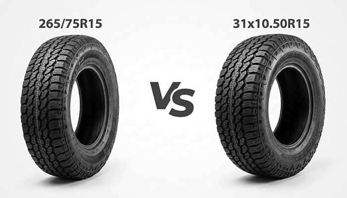 Comparison image of two tires side by side: 265/75R15 on the left and 31x10.50R15 on the right with VS text in between