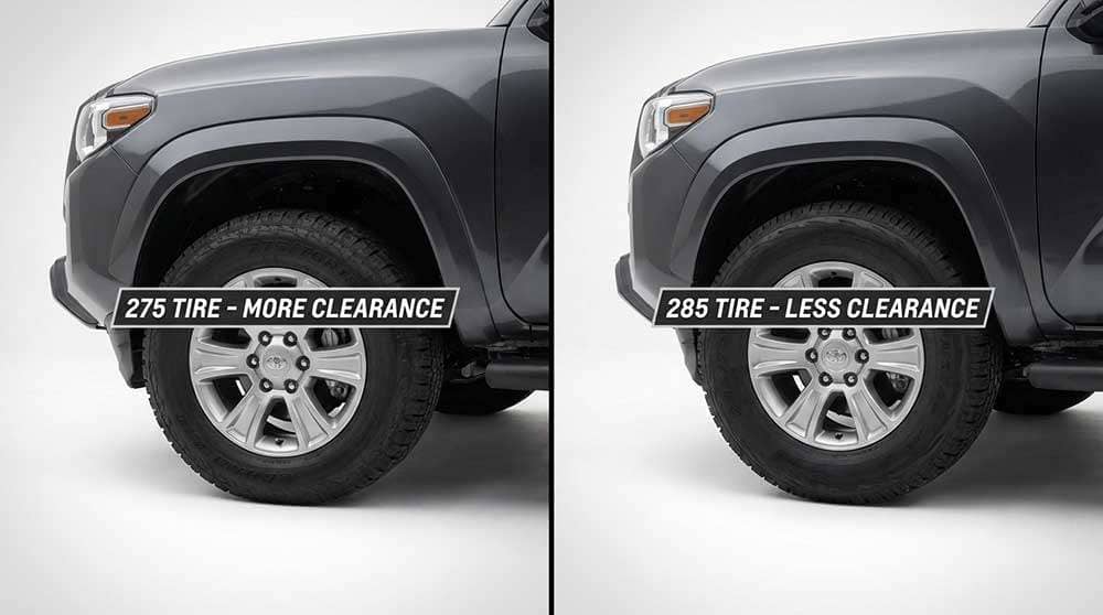 Tire fitment comparison showing 275 and 285 clearance on truck wheel well