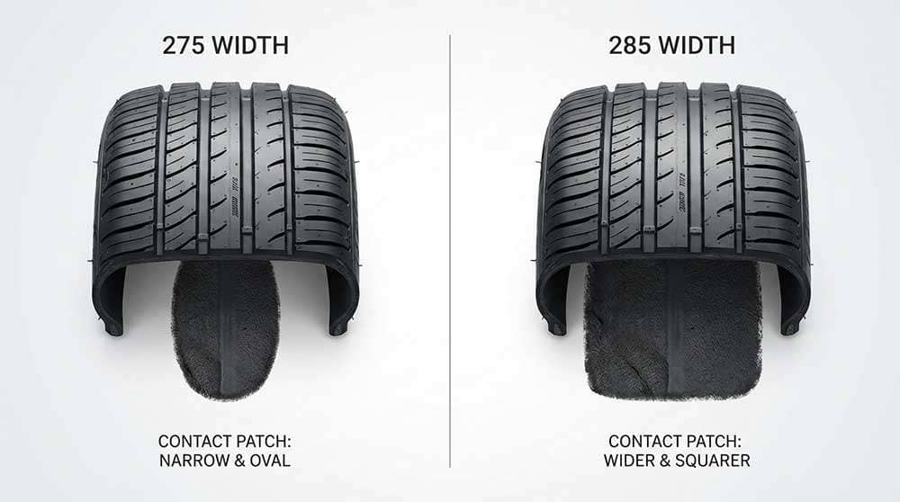 Performance comparison of 275 and 285 tires on road and off-road terrain