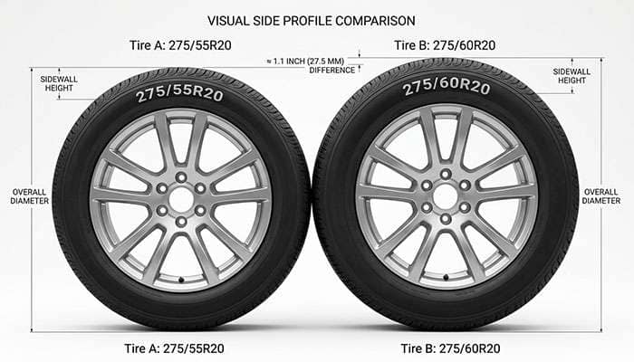 Side profile comparison of a 275/55R20 and 275/60R20 tire mounted on matching 20-inch truck wheels showing sidewall height