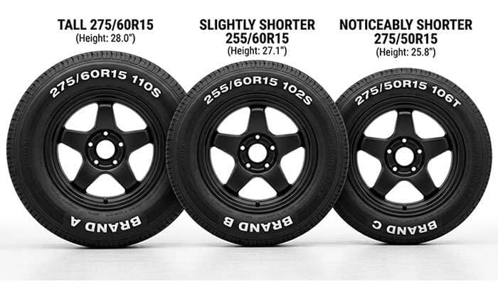 Side-by-side sidewall profile comparison of 275/60R15, 255/60R15, and 275/50R15 tires showing differences in height and width on a clean white seamless studio backdrop