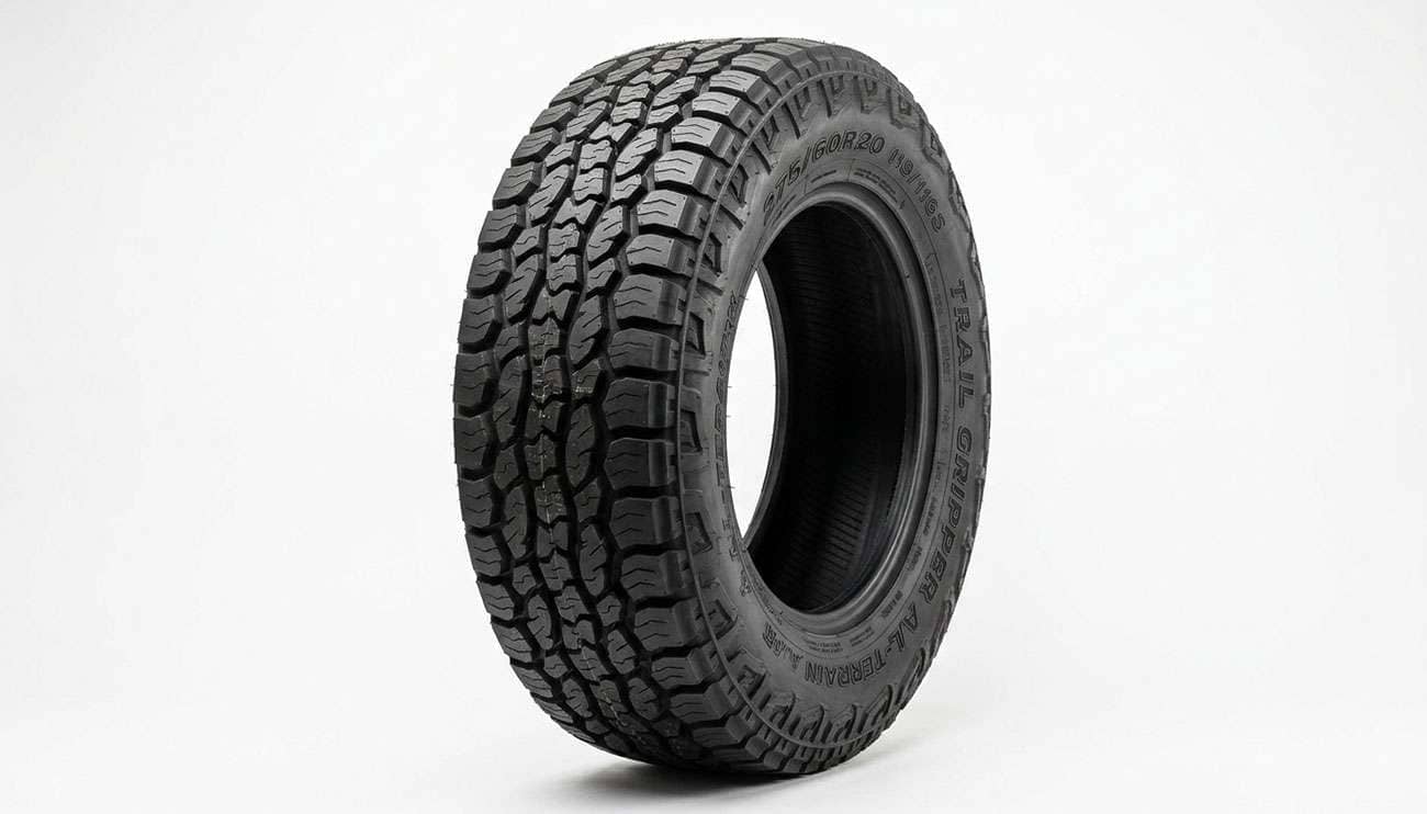 275 60R20 all-terrain truck tire shown upright on a clean white seamless backdrop