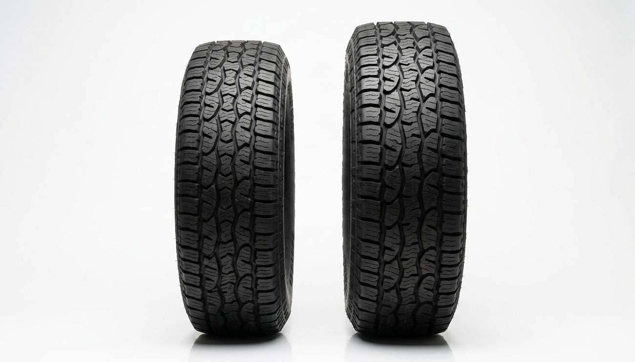 275/65R18 and 265/65R18 light truck tires standing side by side showing the difference in height and tread width