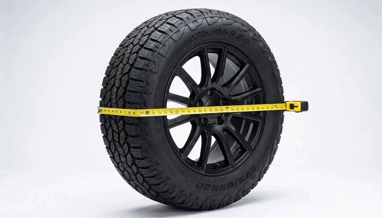 Close-up of a 275 65R20 tire on a vehicle with measuring tape showing its size and fitment in inches