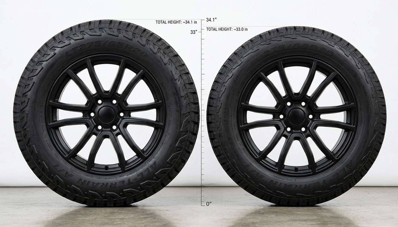 LT275/65R20 all-terrain tire next to a 275/60R20 tire showing the taller sidewall at the same tread width