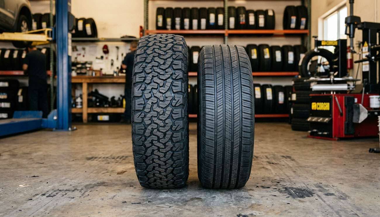 Taller LT275/70R18 all-terrain truck tire standing next to a 275/65R18 highway tire in a tire shop to compare height