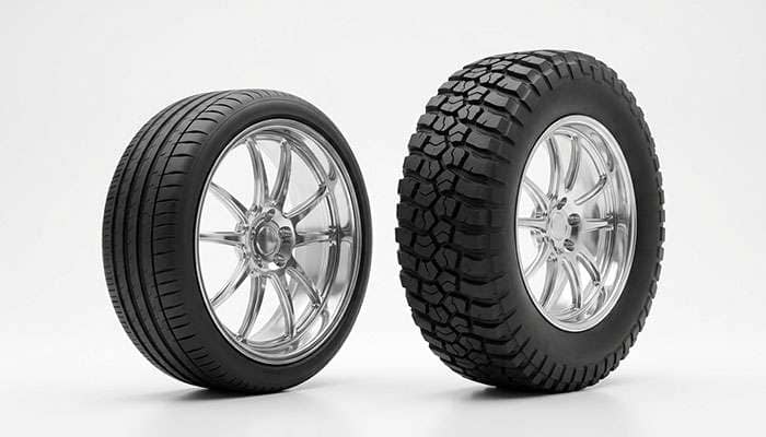 Comparison of a low profile 28 inch street tire beside a tall sidewall 28 inch lifted truck tire
