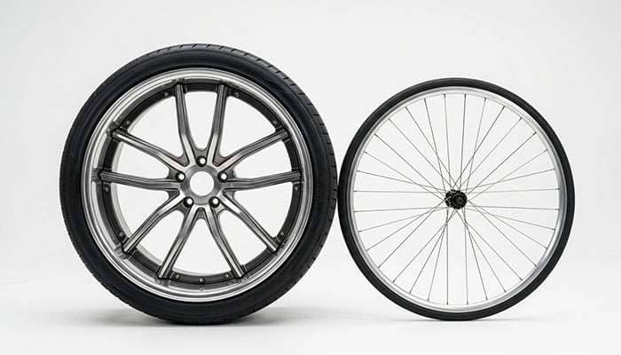 Automotive 28 inch wheel shown beside a bicycle 700C wheel for size comparison